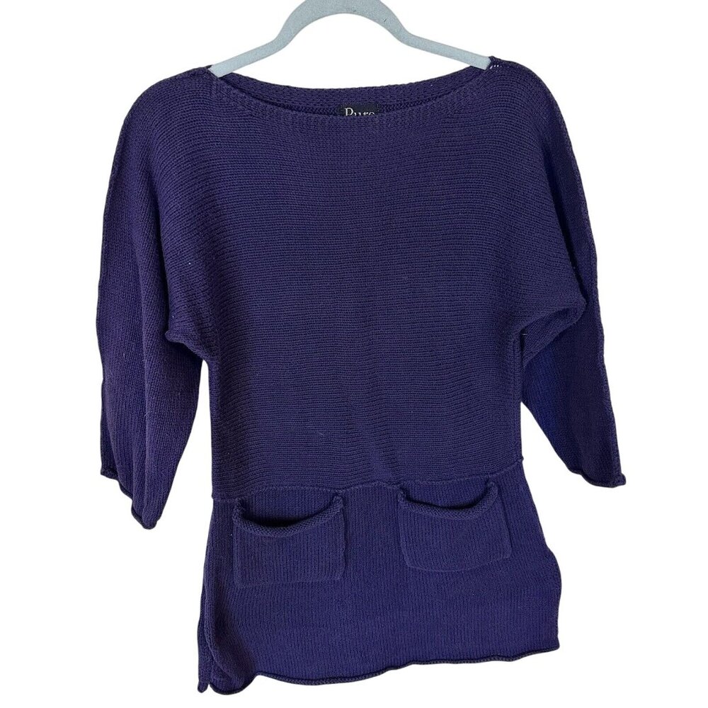 PURE Handknit Purple Tunic Sweater Dress Front Pockets 100% Cotton Medium